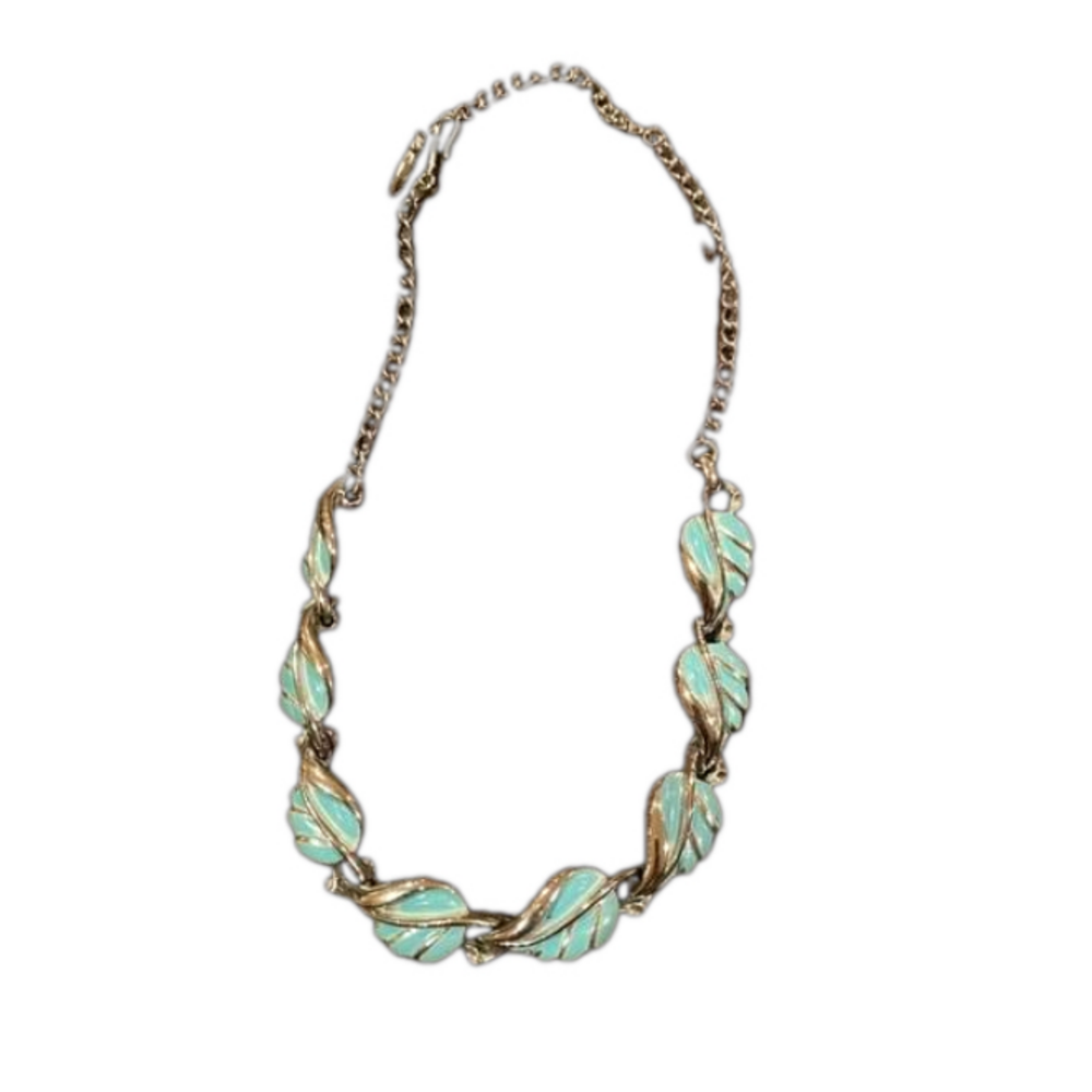 Vintage CORO Silvertone & Light Blue Enamel Leaf Necklace